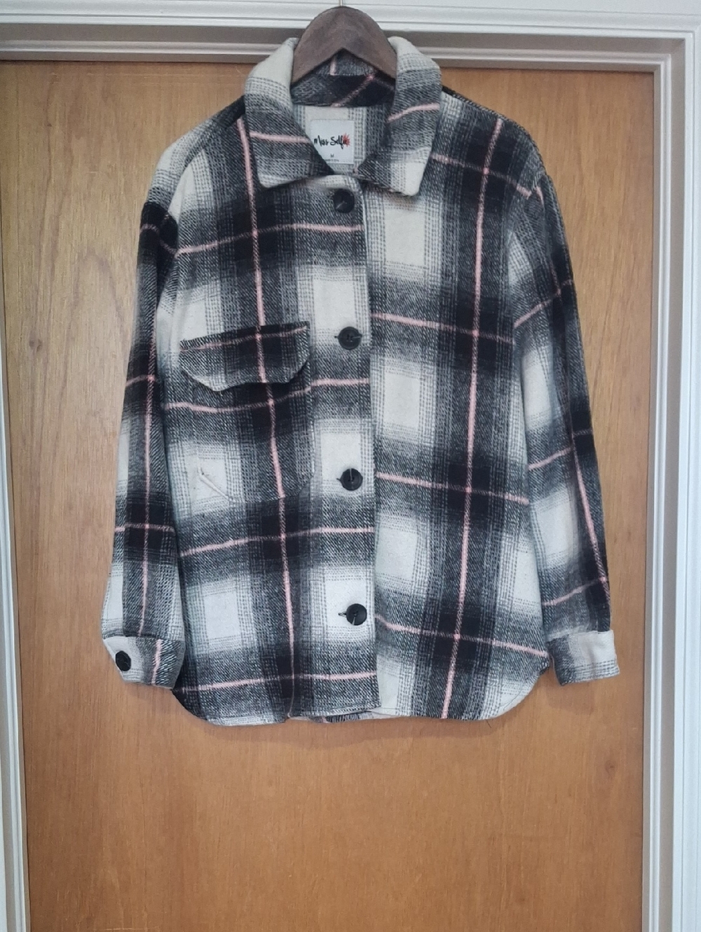 Plaid Button-Up in Black & White with Pink Accent